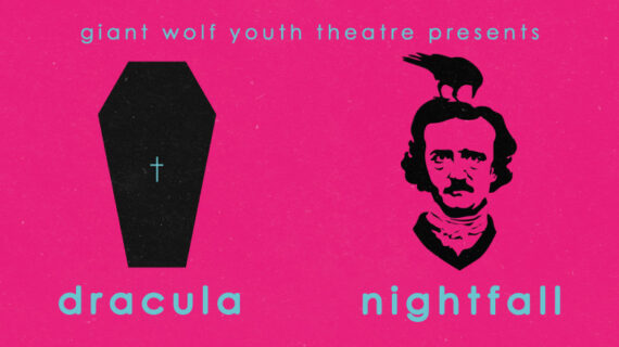 Pink Background with a Coffin as a black solid outline. The text Dracula appears below the coffin. A black outline of Edgar Allen Poe
