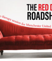 The Red Devils Roadshow in text and the Man United Crest. A Red Couch on a white background