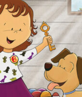 Cartoon girl holds a key above a cartoon dog.