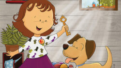 Cartoon girl holds a key above a cartoon dog.