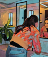 Young woman looks in the mirror. She looks anxious. The picture has a painted effect over it, making it look dream like. The picture is for the play OCD Me by Aisling Smith