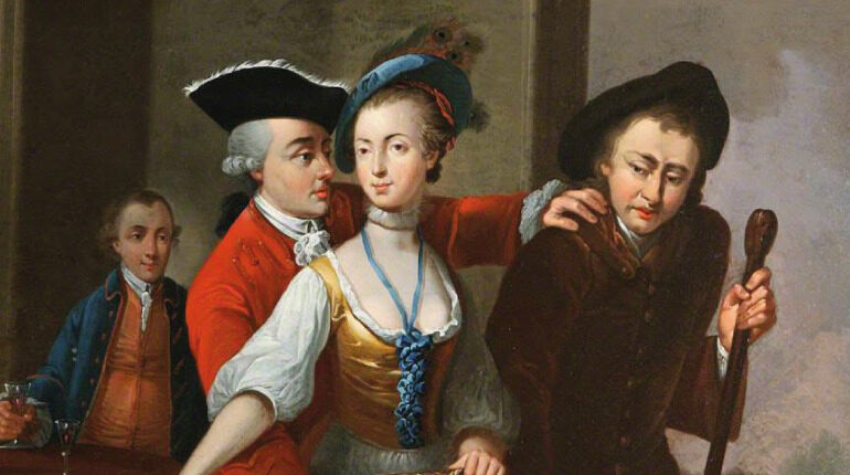 An English officer in red uniform and hat lean over a woman. It is in a pub in the 18th century. An older man with a large walking stick looks on as the officer pushes on his shoulder. This is a painting.
